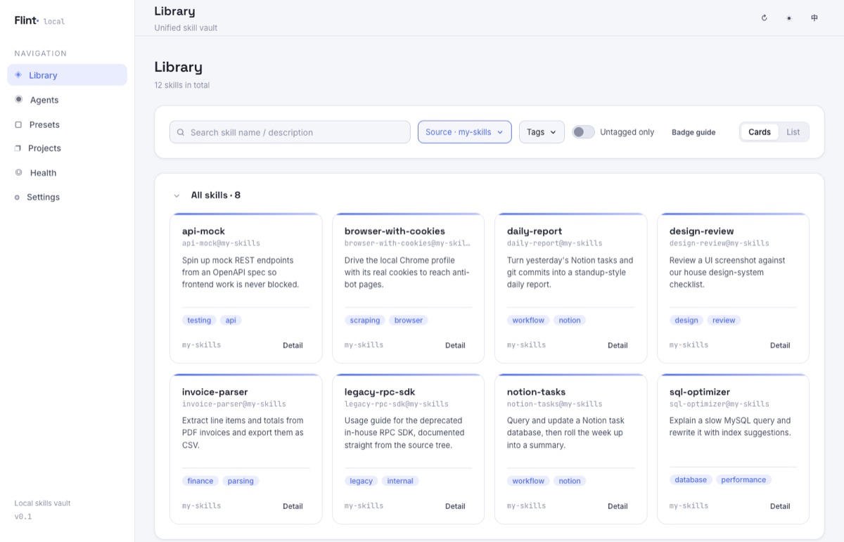 Library: centralized browsing and search, filtered by source and tags