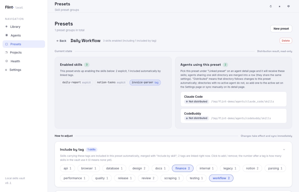 Preset detail: explicit members and tag-based inclusion take the union, and changes are distributed instantly