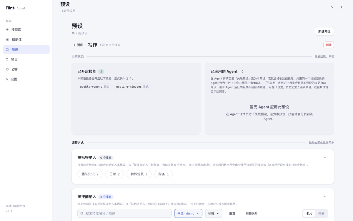预设详情:显式成员与按标签纳入取并集,改动即刻分发